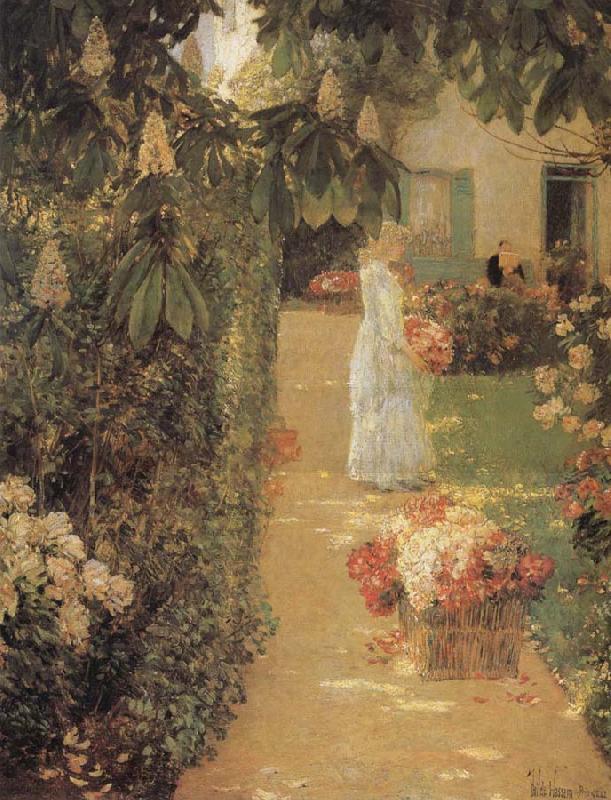 Childe Hassam Gathering Flowers in a French Garden oil painting image